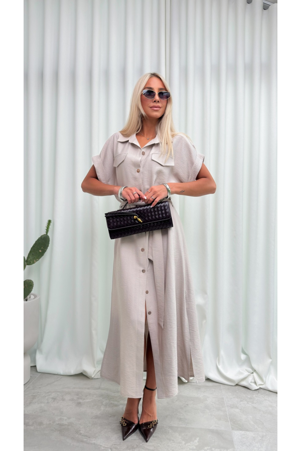 Sukienka Koszulowa Maxi Premium Wiązana w Pasie Elegancka Oversize Guziki Kieszenie - beż
